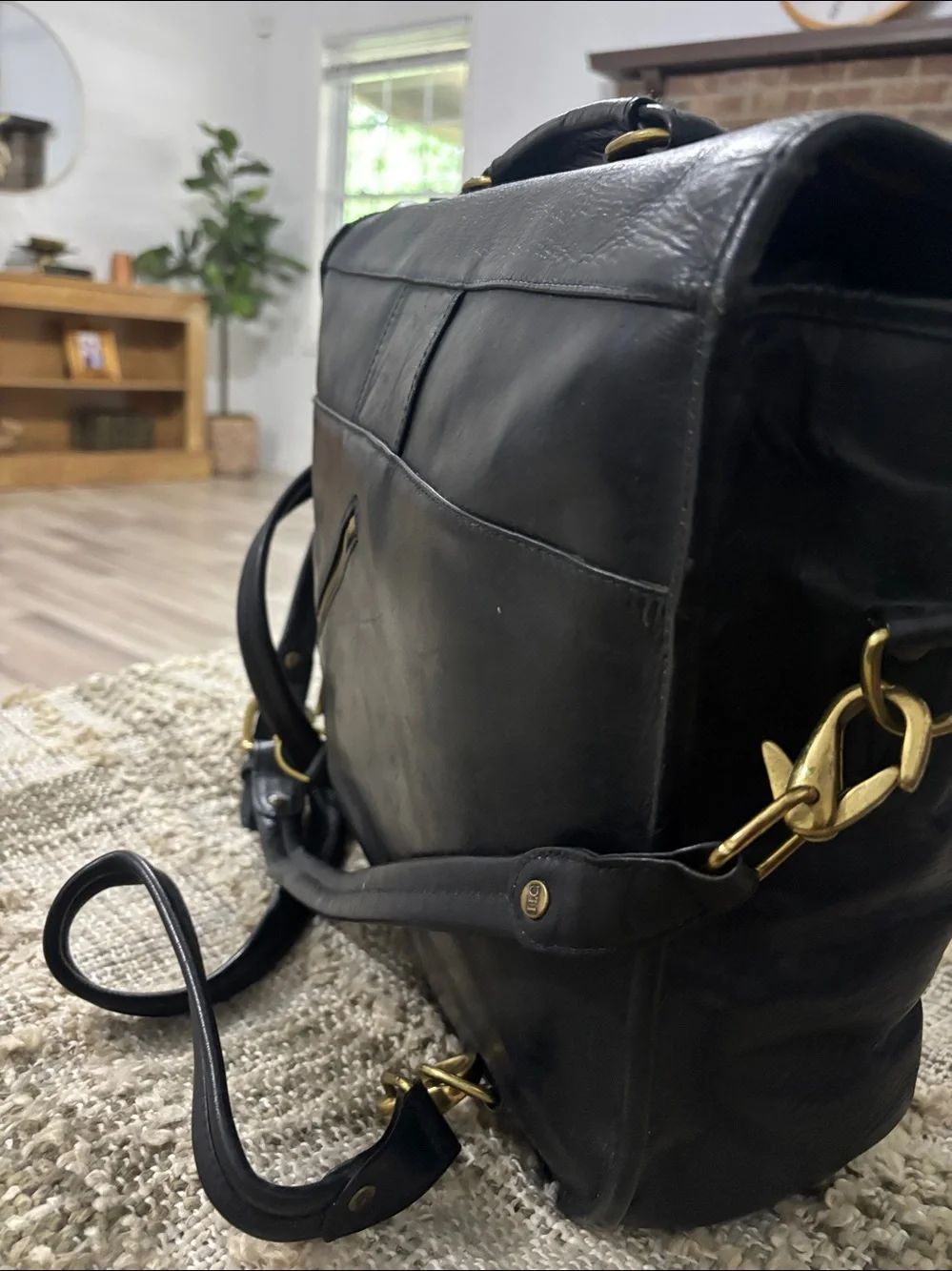 Wilson Leather Black Men's Convertible Messenger Backpack Bag with Brass Buckle